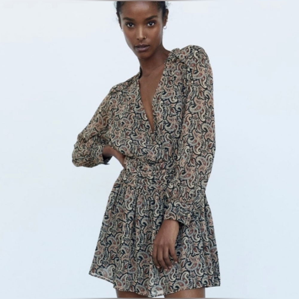 Zara Paisley Long Sleeve Dress - Black and Tan